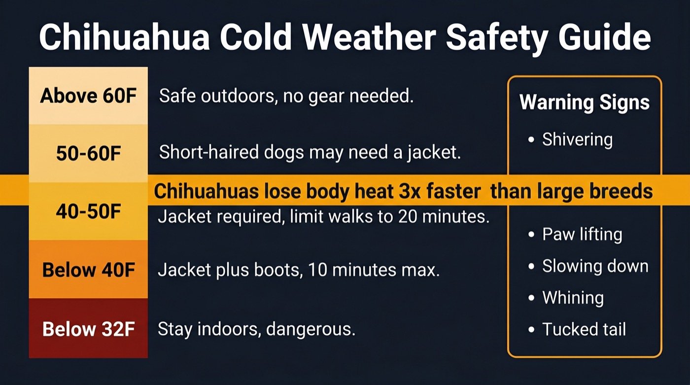 Chihuahua cold weather safety guide showing safe temperature ranges and warning signs