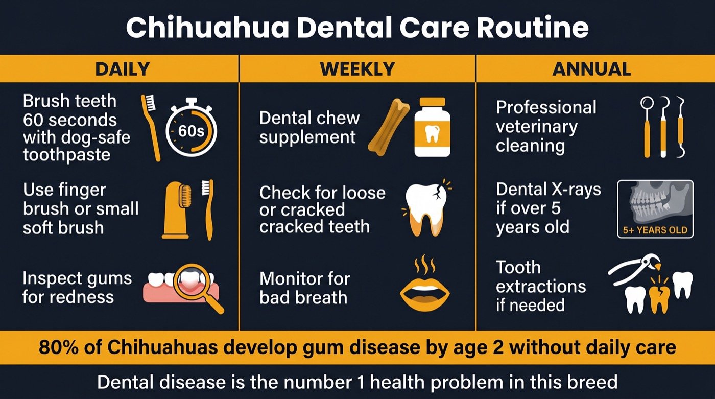 Chihuahua dental care routine infographic showing daily, weekly, and annual tasks