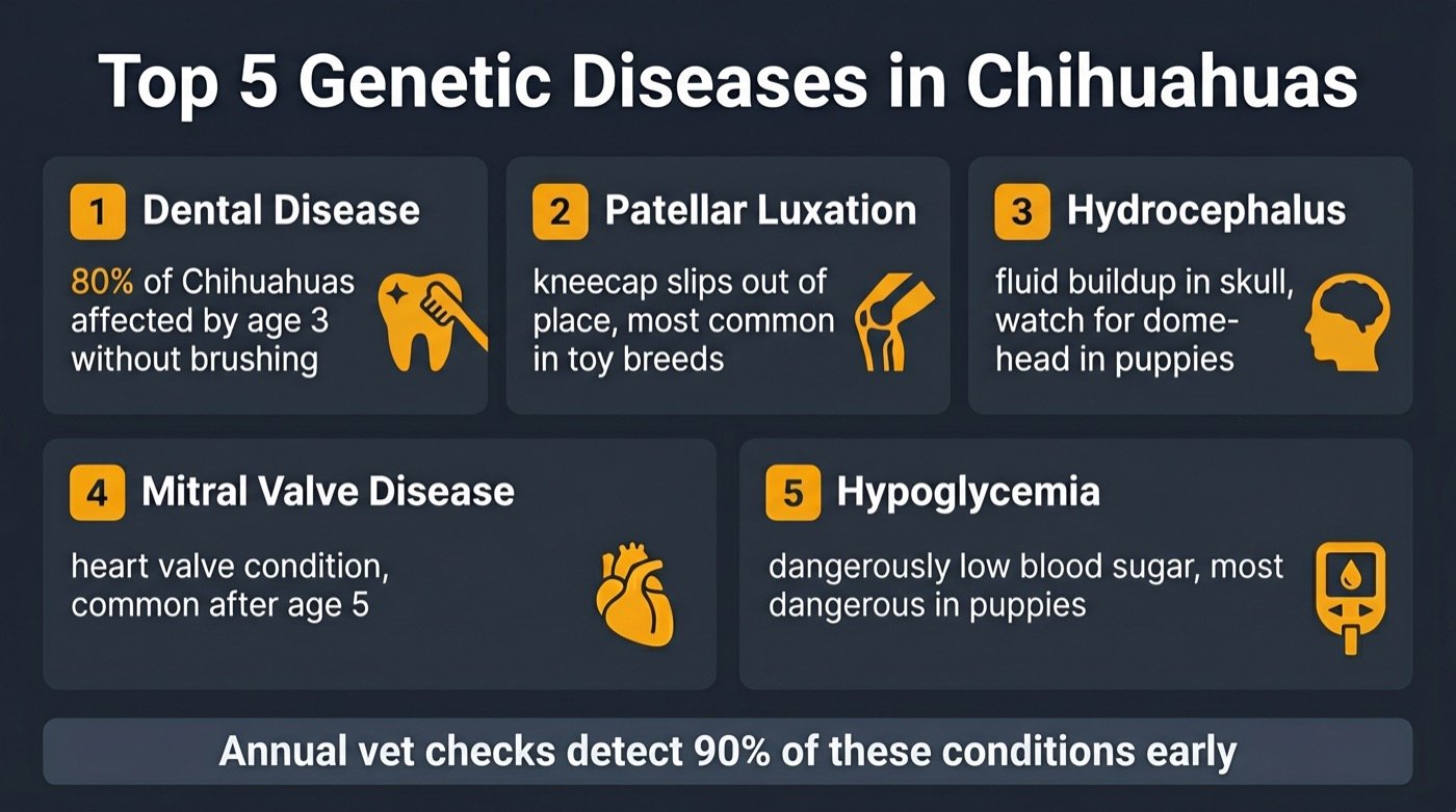 Infographic showing the top 5 genetic diseases in Chihuahuas with key statistics