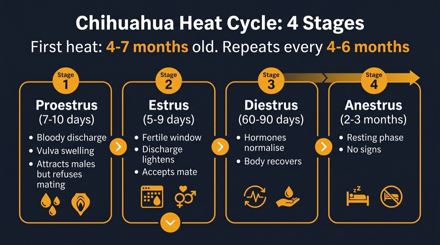 Chihuahua heat cycle infographic showing 4 stages with duration and signs