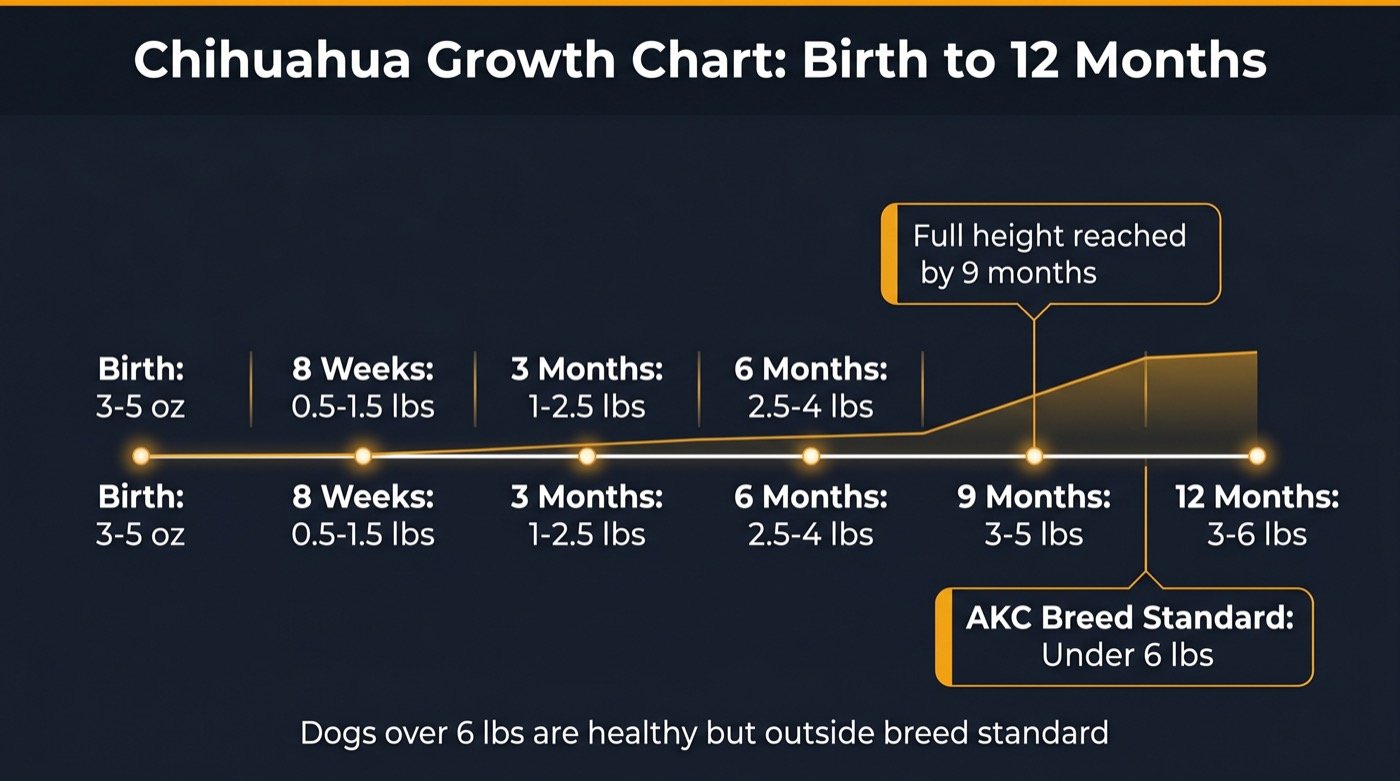 Chihuahua growth chart showing weight milestones from birth to 12 months